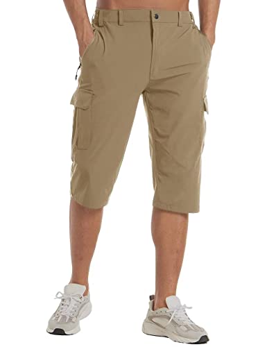 Magcomsen Men's Workout Gym Shorts Quick Dry 3/4 Capri Pants Zipper Pockets Hiking Athletic Running Shorts (Khaki-1, 36) #TOP1