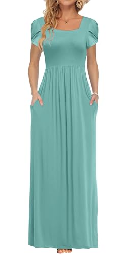 AUSELILY Women's Maxi Dresses with Pockets Petal Short Sleeve Square Neck Casual Long Dress 2026 Light Green S