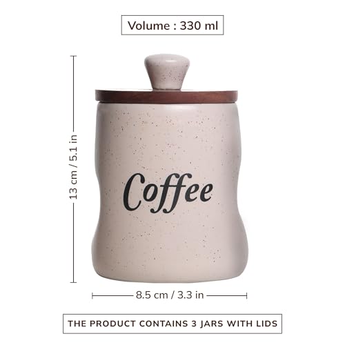 Image of Ceramic Tea Coffee Sugar Containers Set of 3 with Wooden Lids | Jar & Container for Kitchen Storage Set | Multi Utility Air Tight Kitchen Organizer Items (Hand-Painted, 330 ML)
