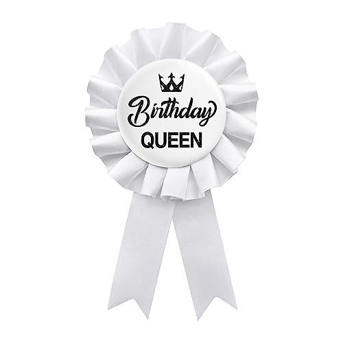 Birthday Queen Tinplate Badge Pin, Happy Birthday Rosette Button Pin Girl or Women White Award Ribbon Party Decorations Sign