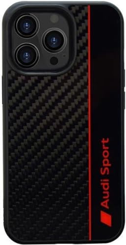 Custodia per cellulare Audi Sport - Compatibile con iPhone 13 Pro Max – Cover antiurto in carbonio - Progettata con ritagli precisi per fotocamera, porte e pulsanti - Nero con dettagli rossi