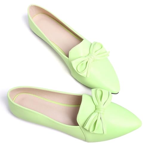 WENJIAZHIZHI Women's Pointed Toe Bow Loafers Comfortable Ballet Flats Soft PU Low-heel Office Lady Shoes3