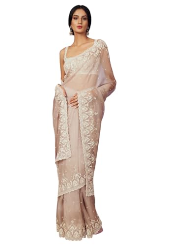 Image of Yashika Women's Organza Satin Butti Work With Zari Lace Border Embroidered Saree| Women Sari