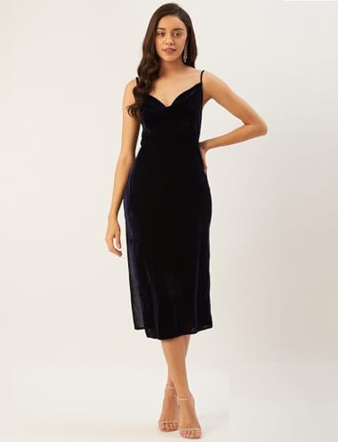 Image of Anvi Be Yourself Women's Solid Shoulder Strap Sleeveless Velvet Midi Bodycon Dress || Trendy Womens Cowl Neck Strappy Sheath Casual Dress with Side Slit || Western Plain One Piece Dress for Women