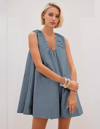 Image of OLAPTA Women Summer Sleeveless Babydoll Mini Tank Dresses Loose Fit Scoop Neck Ruched Short Dress with Pockets Party Clubwear