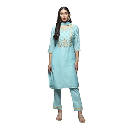 Image of BIBA Women Art Silk A-Line Kurta Regular Pant Suit Set