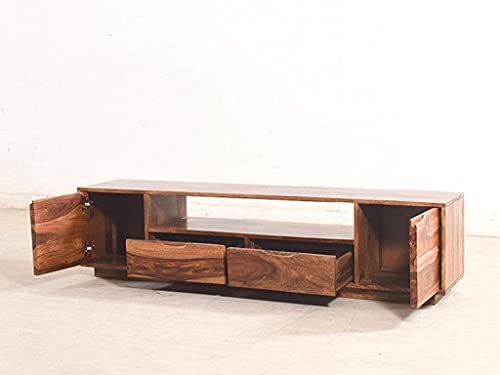 Image of DRIFTINGWOOD Malvina Sheesham Wood Sideboard Low Height TV Cabinet for Living Room | Wooden Free Standing TV Unit Side Board Table with 2 Drawer, 2 Door Cabinet & Shelf Storage | Teak Brown