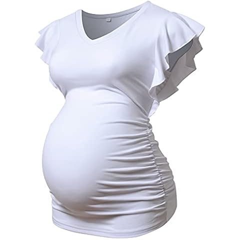 MOMOOD Maternity Pregnancy V Neck Fly Short Sleeve Stylish T Shirt Pregnant Side Ruched Top Shirt - white - X-Large Cover
