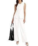 Casly Lamiit White Two Piece Outfits for Women Business Blazer Suit Dressy Button Down Vest Palazzo Pants Office Trendy Spring Matching Sets M