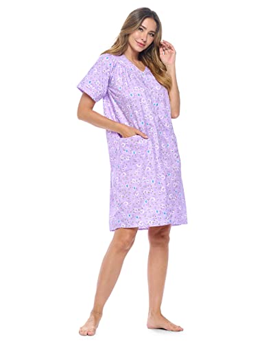 Casual Nights Women's Snap-Front House Dress Short Sleeve Woven Duster Housecoat Lounger Robe, Floral Purple, Medium #TOP1