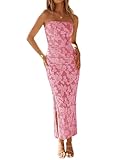 ZESICA Women's 2026 Summer Floral Strapless Maxi Sun Dress Bodycon Beach Vacation Wedding Guest Formal Cocktail Party Dresses, Pink, M