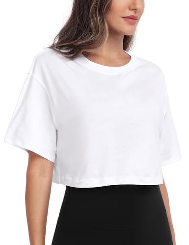 HeyNuts Pima Cotton Short Sleeve Workout Cropped Tops for Women Crew Neck Casual Basic Athletic Crop T-Shirt2