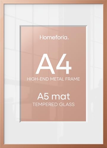 Image of Homeforia A4 Rose Picture Frame, High-End Metal, A5 Mat, Glass | High End Aluminum, Tempered Glass, Acid-Free A5 Removable Mat, A4 Edge-to-Edge Display, Wall Kit, Set Of 1