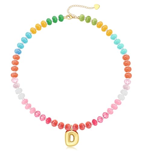 Initial Necklaces for Women, Beaded Necklaces for Women with Bubble Necklace Letter Stocking Stuffers for Teens Trendy Stuff Colorful Gemstone Choker 14k Gold Letter A-Z Pendant Summer Beach Christmas Birthday Jewelry for Her Girlfriend Sister