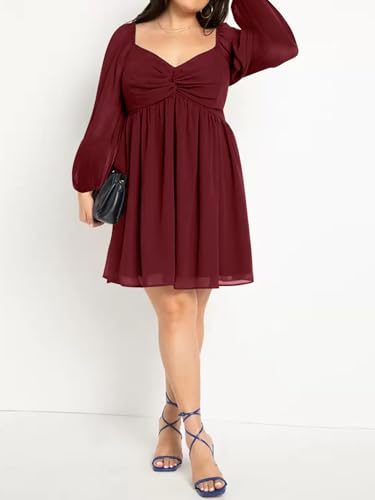 Image of SCOMCHIC Women's Plus Size Puff Long Sleeve Dresses Sweetheart Neckline A Line Short Wedding Guest Cocktail Dress