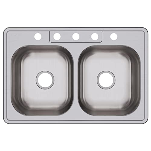Image of Dayton Stainless Steel 33 inch x 22 inch x 8-1 /16 inch, 5-Hole Equal Double Bowl Drop-in Sink
