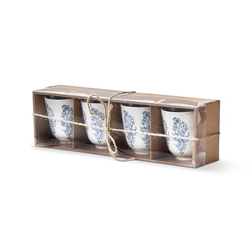 TAG Cottage Blue Floral Stoneware Tea Cup Set of 4, Dishwasher Safe, 6 oz. Blue