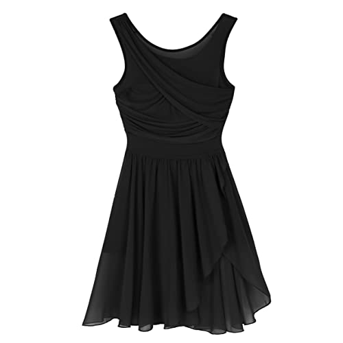 FEESHOW Women Contemporary Dance Costume Lyrical Dance Costume Illusion V-Neck Chiffon Flowy High-Low Leotard Dress Black X-Large