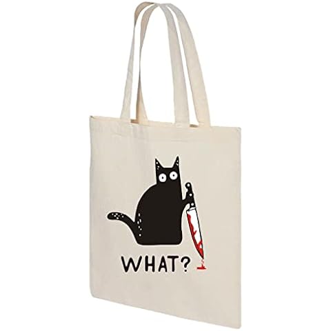 Vagile Halloween Cotton Tote Bag Cat What Murderous Cat With Knife Funny Reusable Gift, Natural,One Size Cover