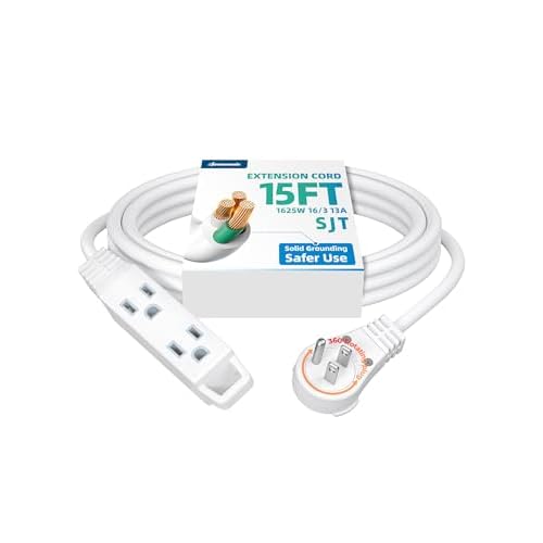 DEWENWILS 360° Rotating Flat Plug Extension Cord, 15FT Extension Cord Rotating Plug, 3 Prong 16/3C Grounded Flat Power Cable for Indoor Narrow Space, 13A/125V/1625W SJT-3, ETL Listed, White
