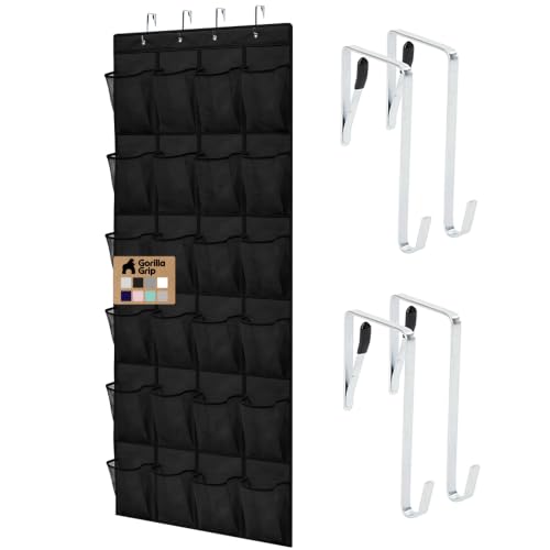 GORILLA GRIP Over the Door Shoe Organizer, 24 Large Breathable Mesh Pockets, Space Saving Hanging Storage Holder, Closet Rack Hanger Holds Up to 40 lbs, Hangs on Closets for Shoes, Accessories, Black