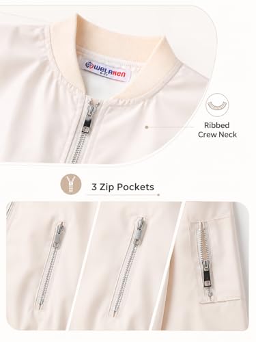 Image of WELAKEN Lightweight Multiple Pockets Zip Up Bomber Jacket for Girls Toddler & Kids II Little Girl's Casual Flight Crop Jacket