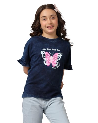 Image of Under Fourteen Only Girls Cotton Tops Collection - Round Neck, Crop Top, Full & Half Sleeve, Drop Shoulder, Ruffle Sleeve, Graphic Printed, Embroidered & Slub Knit Styles