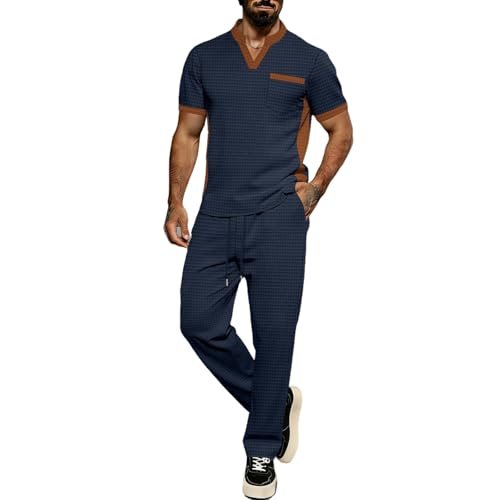Ensemble d'été 2 pièces homme respirant avec col en V et pantalon fluide