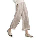 Womens Linen Cropped Pants Loose Casual Capri Cotton Wide Leg Plus Size Elastic Waist with Drawstring Trouses Natural 3XL