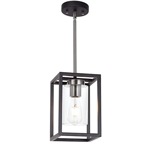 Image of Single 1 Light Black and Brushed Nickel Modern Glass Pendant Light Industrial Modern Metal Chandelier with Clear Glass Shade for Dining Room Kitchen Island Foyer Cafe