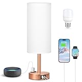 Fenmzee Bronze Nightstand Bedroom Lamp - 3 Way Dimmable Bedside Lamp USB C A Charging Ports and AC Outlet, Small Table Lamp White Linen Lampshade for Desk, LED Bulb Included