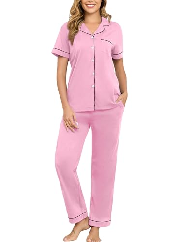 Image of Veseacky 100% Cotton Pajamas for Women Set Short Sleeve Button Down Sleepwear Soft 2 Piece Summer Pjs Lounge Sets S-XXL