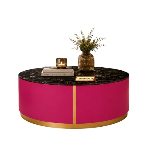 Image of Marble Top Royal Crest Round Center Table | Premium Marble Top Coffee Table for Living Room | Modern Luxury Design 30x30x15.5 Inch (Pink)