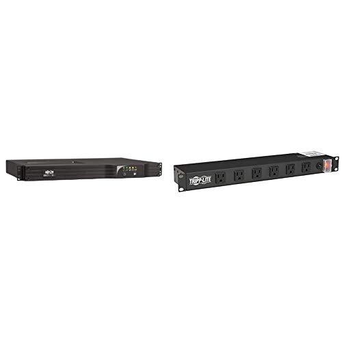 Tripp Lite 750VA Smart UPS Back Up (SMART750RM1U) & RS1215-RA Rackmount Network-Grade PDU Power Strip, 12 Right Angle Outlets Wide-Spaced, 15A, 15ft Cord w/ 5-15P Plug, Black