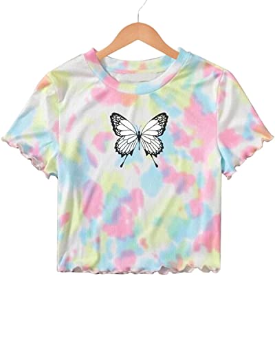 Image of JUNEBERRY Cotton Blend Regular Fit Half Sleeves Round Neck Tie-Dye Butterfly Printed Crop Top for Women & Girls