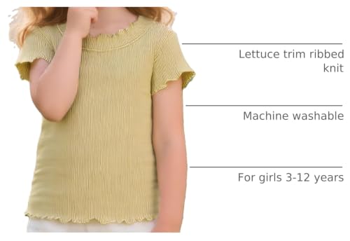 Image of Girls Summer Lettuce Trim Ribbed Knit Short Sleeve T-Shirts Solid Color Casual Blouse Tops
