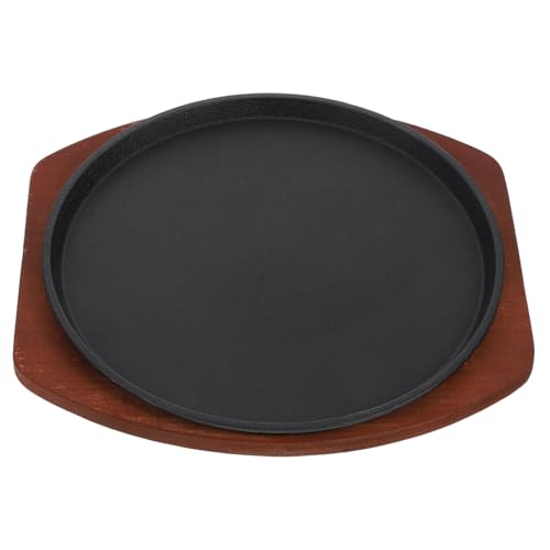 IMIKEYA 鋳鉄製ステーキプレート 丸型 木製底板付き 均一加熱で焼きムラ防止 ガス 電磁調理器対応 多用途鉄板 焼肉やステーキに キッチン用