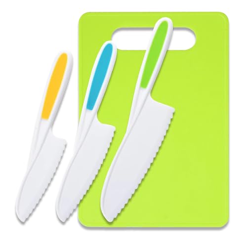 Modurio Cuchillo infantil, 3 piezas, cuchillo de cocina de seguridad infantil con 1 tabla de cortar, cuchillo Montessori, set de cocina de regalo de cumpleaños para niños a partir de 2 años