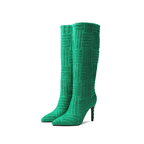 Keleimusi Women Terry Towelling Knee High Boots Stiletto Pointed Toe High Heeled Shoes thumb #1