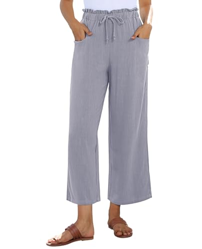 Image of siliteelon Wide Leg Linen Pants for Women Summer Capri Palazzo Flowy Pants Casual Loose High Waist Trousers with Pockets