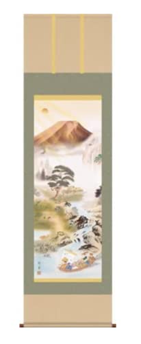 開運掛軸 【開運万全図】【洛彩緞子】 山本祥園 筆 (掛け軸 富士山 赤富士 四神 七福神)