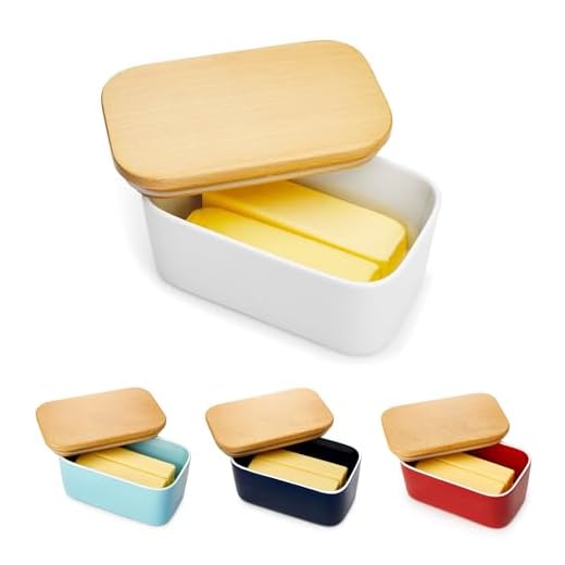 Sweese 303.101 Large Butter Dish - Airtight Butter Keeper Holds Up to 2 Sticks of Butter - Porcelain Container with Beech Wooden Lid, White