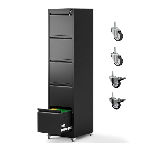 Yukimo 5 Drawer File Cabinet with Wheels, Metal Mobile File Cabinet with Lock, Rolling Filing...