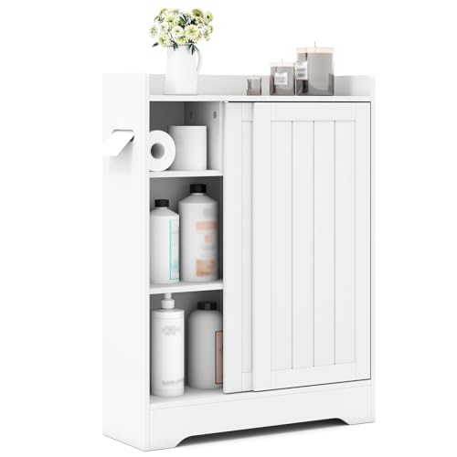 COSTWAY Mueble de Baño, Armario del Suelo con Estantes Ajustables y Puertas Correderas, Gabinete de Baño con Soportes para Papel Higiénico y Compartimento para Cepillo, 60 x 20 x 80 cm (Blanco)