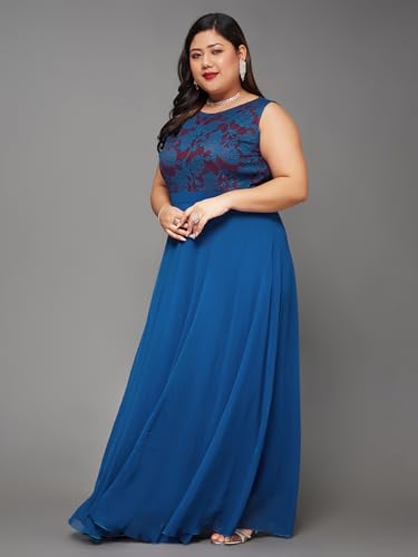 Image of Miss Chase A+ Women's Round Neck Sleeveless Georgette Floral Lace Fit & Flare Maxi Dress