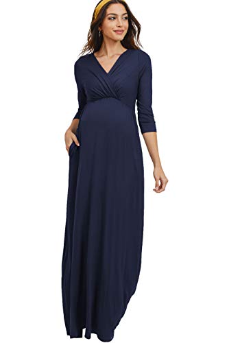 LaClef Women's Wrapped Ruched Maternity Dress with Pocket (Navy, S)