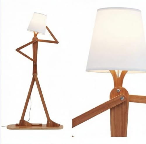 Image of Modern Wooden Adjustable Swing Arm Floor Lamp with Fabric Shade | Nordic Designer Standing Light for Living Room, Bedroom & Office | Walnut Finish Decorative Lighting