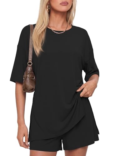 Image of Darong Women's 2 Piece Shorts Set Loungewear | oversized tshirts,crew neck top,drawstring shorts,elastic waist, side pockets,summer travel outfits