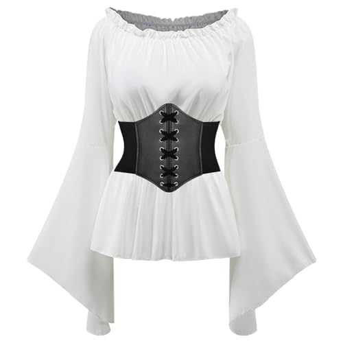 MVFEUIJ Chemisier gothique de la Renaissance pour femme – Vêtement médiéval victorien et pirate pour costumade et Halloween (Blanc, L)