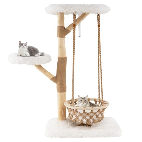 Árbol para gatos con columpio hamaca 70 x 50 x 123 cm Confort Optimal Perchas Esponjosas Diseño Contemporáneo de Madera Real Blanco 20_0010092